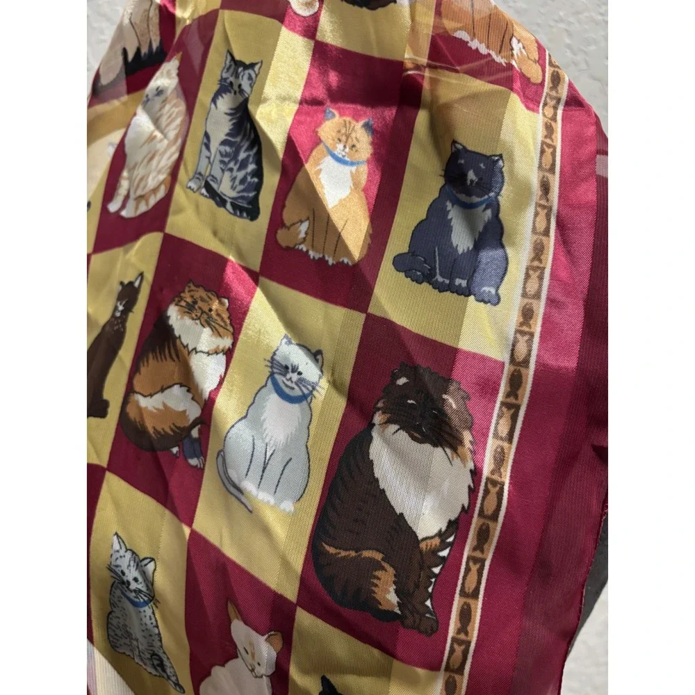 Vintage Style Cat Print Scarf Burgundy Gold Silk Feel Lightweight Neck Wrap